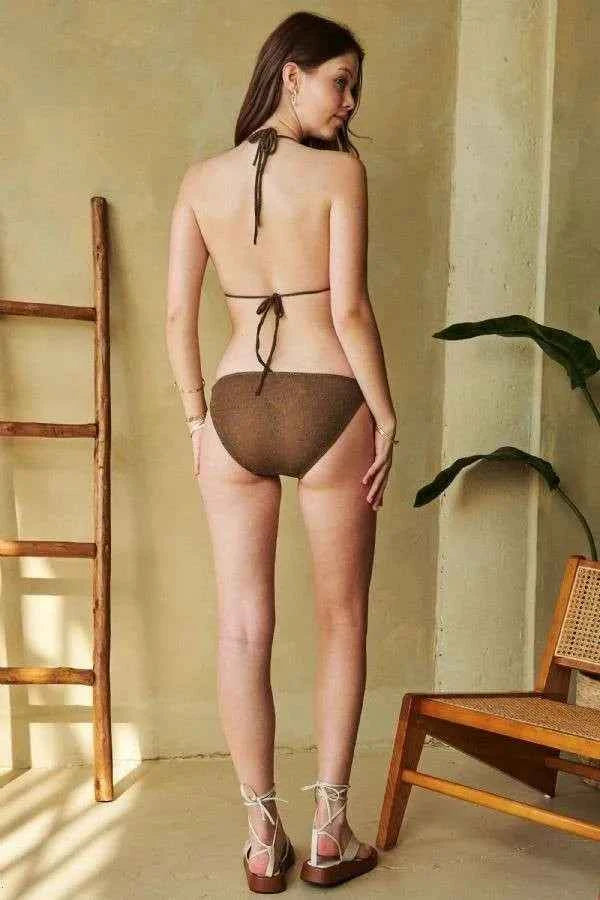 Women's 3-Piece Halter Bikini Set Ruffle Skirt Metallic Shimmer Olive S-L