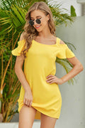 Women's Solid Cold-Shoulder Ruffle Summer Mini Dress Short Sleeve Yellow S-XL Yellow