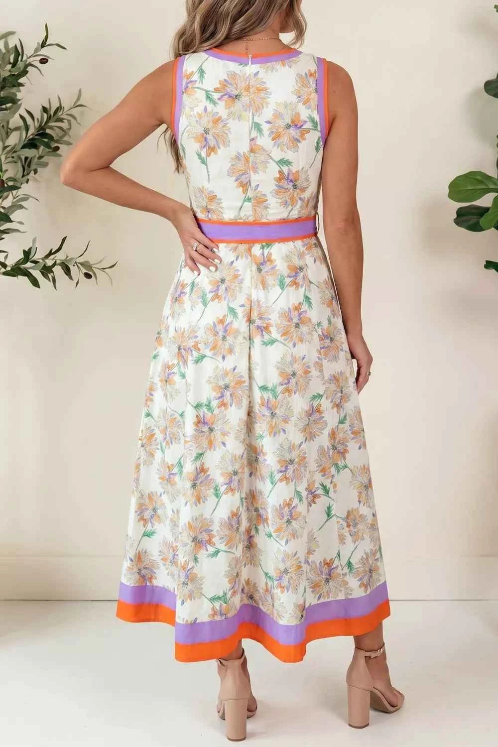 Floral Print Color Block Trim Belted Sleeveless Dress