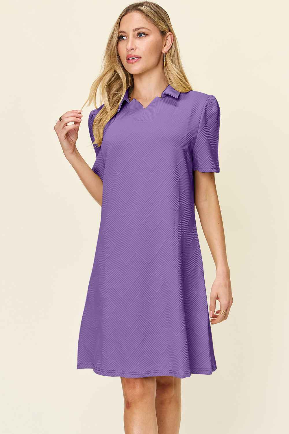 Double Take Women's Texture Collared Neck Short Sleeve Dress S-3XL Lavender