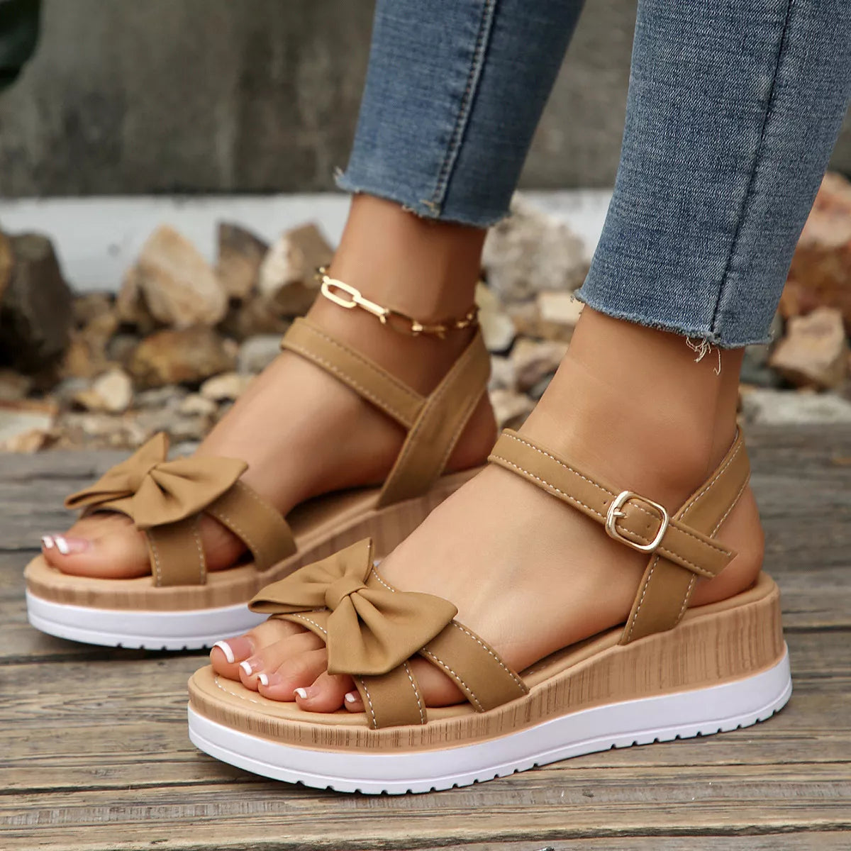 Open Toe Wedge Sandals Khaki