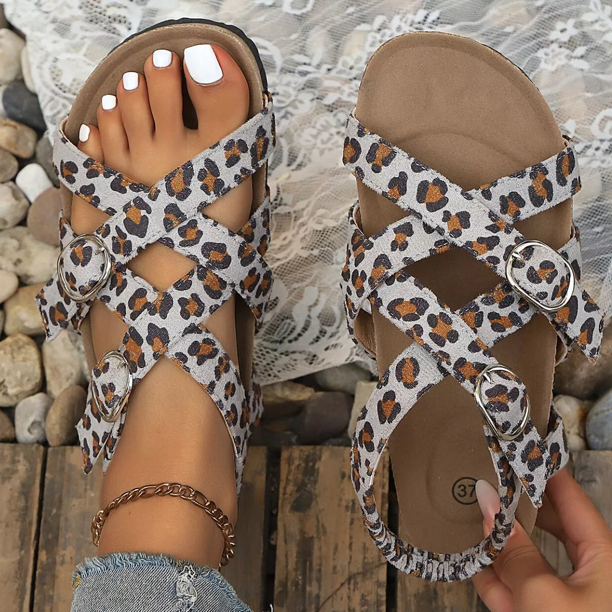 Women's Leopard Print Buckle Platform Low Heel Sandals Multi Colors EU 35-45