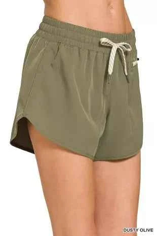 Women's Zenana Soft Woven Lined Shorts Drawstring Zip Pocket Dusty Olive S-L