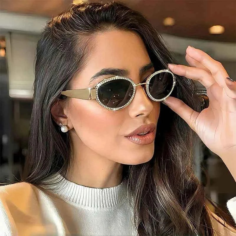 Women's Rhinestone Oval Sunglasses UV400 Glamour Coastal Gold Silver One Size Gold One Size