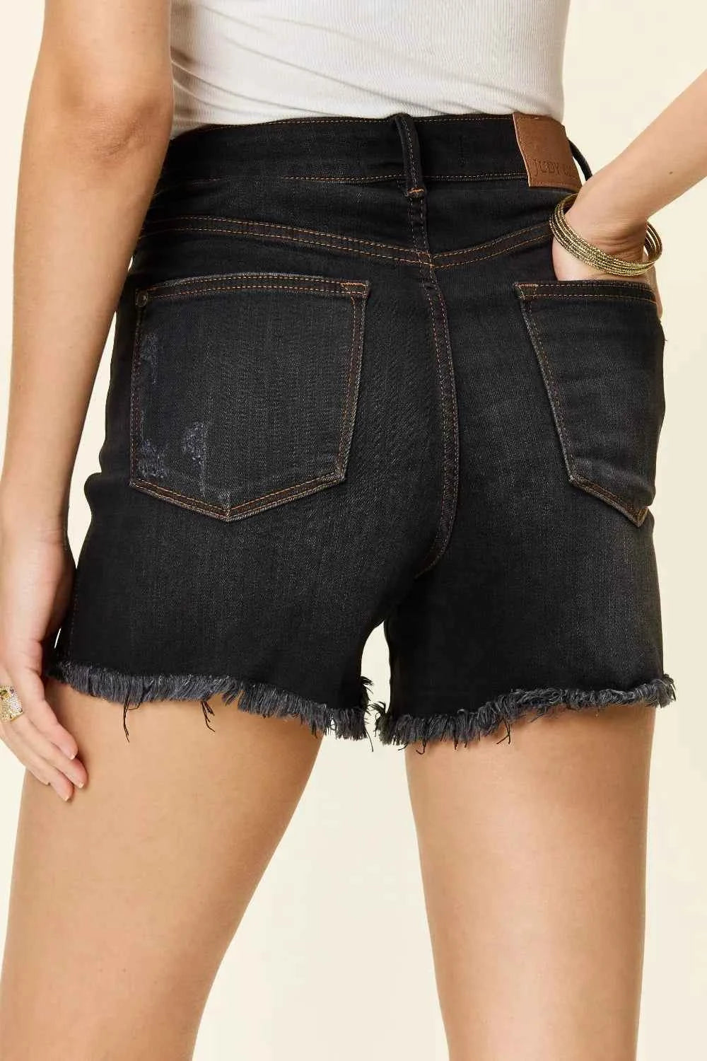 Judy Blue Women's Tummy Control Fray Hem Shorts Pockets Black S-4XL
