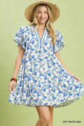 Umgee Women's Floral Flutter Sleeve Tiered Baby Doll Dress V-Neck Off White S-L OFF WHITE MIX