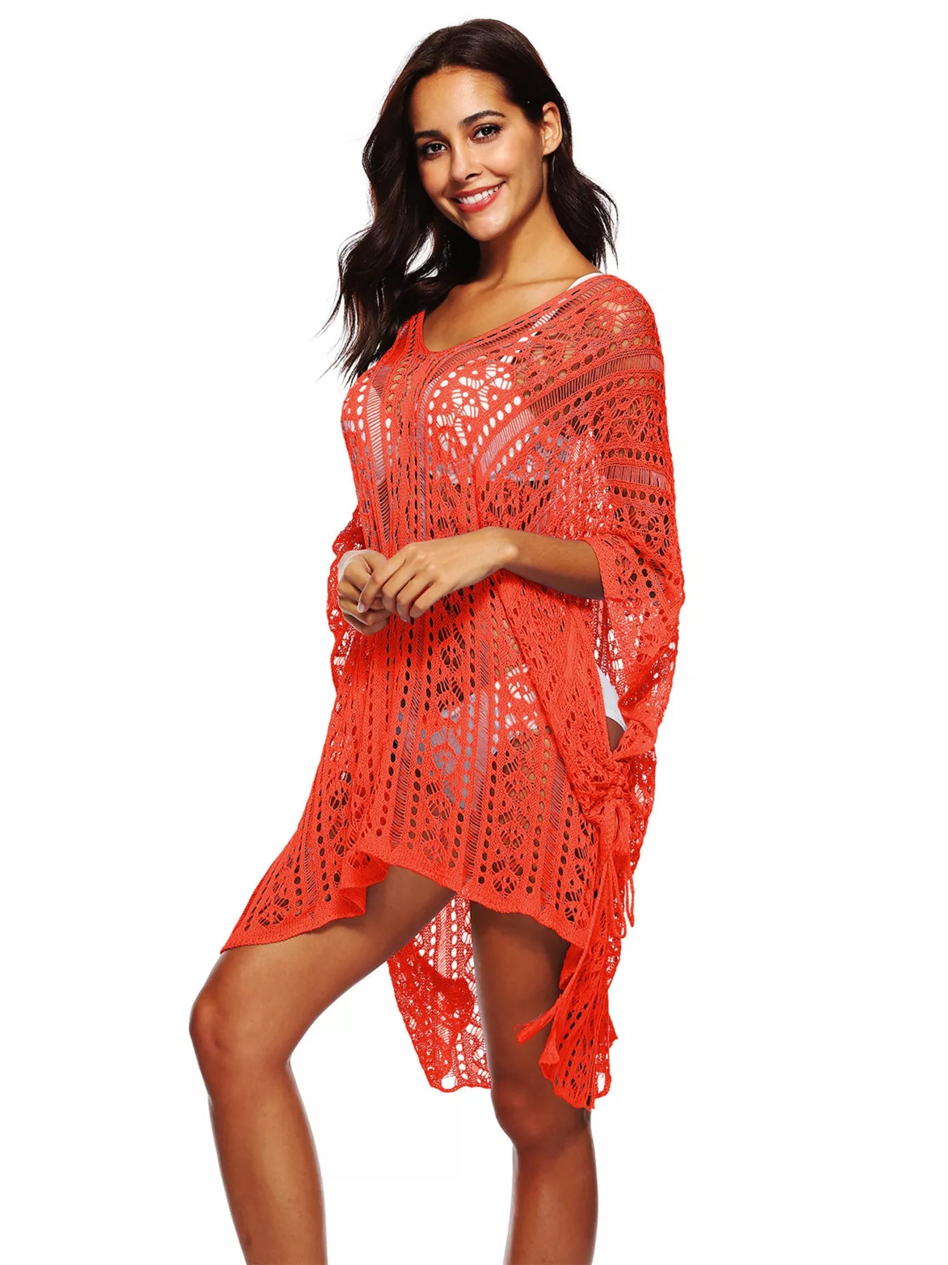 Women's Crochet Knit V-Neck Slit Cutout Beach Cover-Up Multi Colors One Size Orange One Size