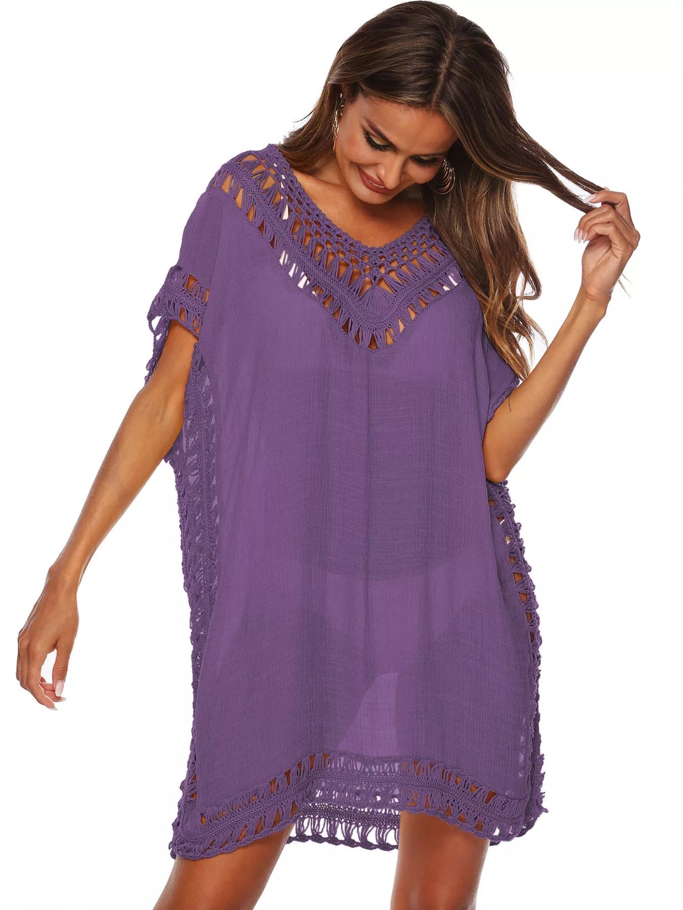 Crochet Trim Cutout V-Neck Cover-Up Dress Dark Purple One Size