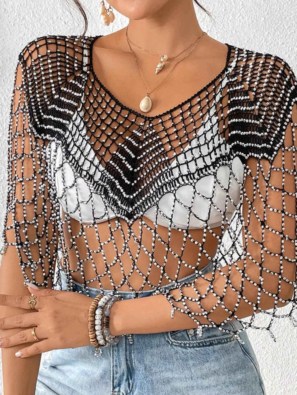 Women's Beaded Crochet Cover Up Cutout Beach Boho One Size Black White Gold