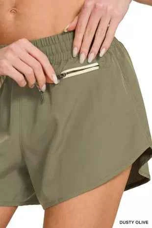 Women's Zenana Soft Woven Lined Shorts Drawstring Zip Pocket Dusty Olive S-L