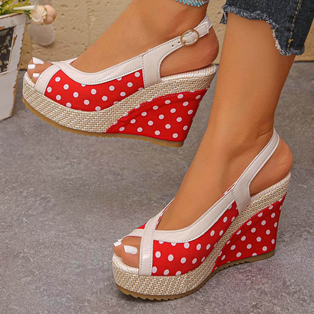 Women's Polka Dot Peep Toe Wedge High Heel Sandals Coffee Black Red EU 36-43