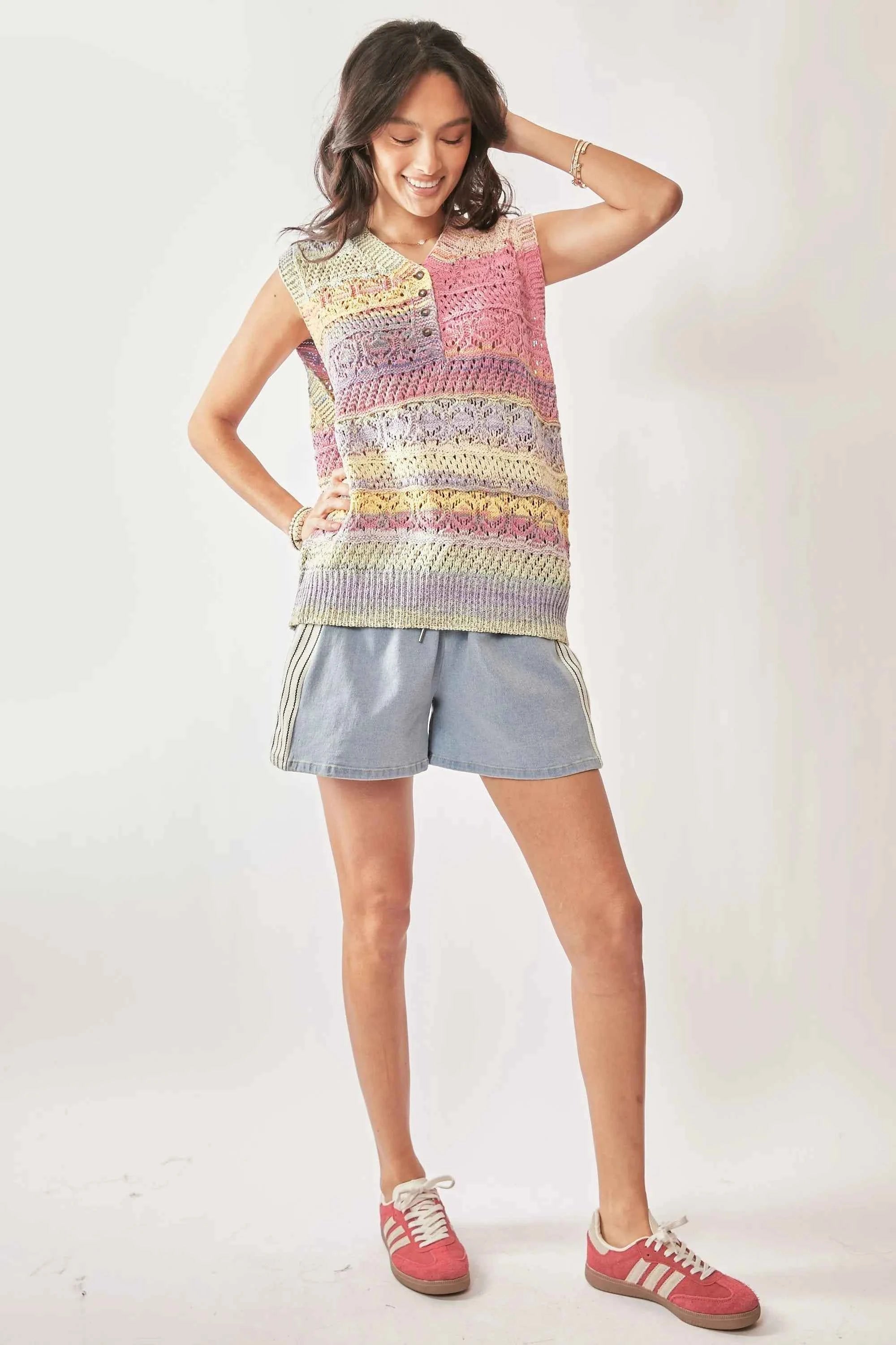 Davi & Dani Women's Pastel Multicolor Crochet Knit Sleeveless Vest Top M/L