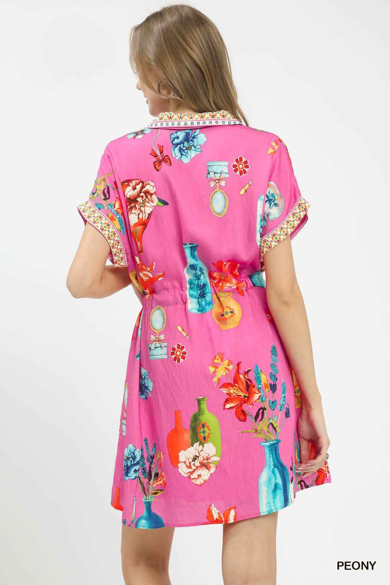 Umgee Women's Floral Print Belted Mini Dress Pockets Boho Beach Peony Pink S