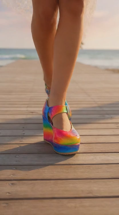Women's Colorful Round Toe Wedge Mary Jane Loafers Ankle Strap Rainbow 5-11